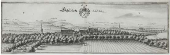 "Schlisstedt - Adelsitz", Kupferstich, 19. Jh., Wappen und Titel m.o., Mittelbug, 11,5x35 cm, hinter Glas im Passepartout und Rahmen - Foto 1