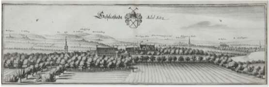 "Schlisstedt - Adelsitz", Kupferstich, 19. Jh., Wappen und Titel m.o., Mittelbug, 11,5x35 cm, hinter Glas im Passepartout und Rahmen - photo 1