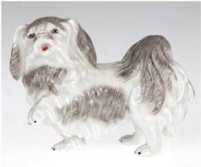 Porzellanfigur &quot;Hund Pekinese&quot;, Dresden Potschappel, unterseitig gemarkt, partielle Unterglasurmalerei , H. 8 cm
