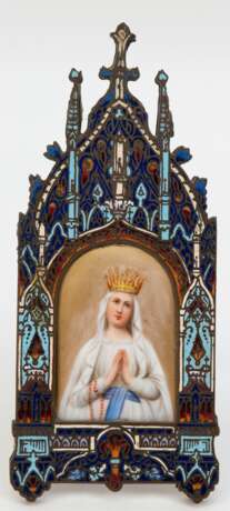 Heiligenbild "Madonna", Rußland, Öl/Porzellan, im sakralem emailliertem Bronzestellrahmen, ges. 17,5x8 cm - Foto 1