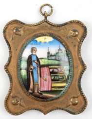 Kleines Heiligenbild, Öl auf ovaler Porzellanplakette, Rußland 19. Jh., im geschweiften Metallrahmen mit Gebrauchspuren, ges. 6x5 cm