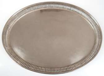 Tablett, oval, 800er Silber, mit geripptem Rand, 832 g, 1,8x40,5x30,5 cm