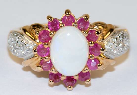 Ring, 925er Silber, vergoldet, echter Opal, Rubine und 2 kleine Diamanten, in rhodinierter Fassung, RG 52, Innendurchmesser 16,5 mm - фото 1