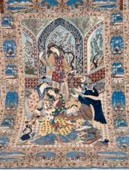 Isfahan Persien, Bildteppich, 750000 Kn/ qm, Korkwolle auf Seide, signiert u.m., mit figürlichen Darstellungen, seitlich Architekturdarstellungen, 248x157 cm