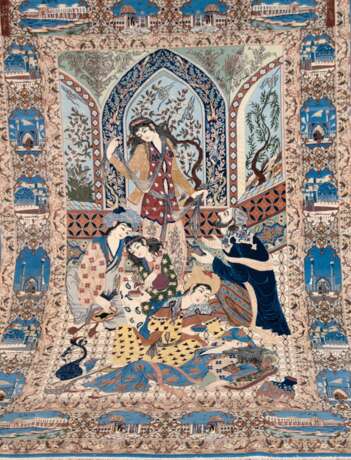 Isfahan Persien, Bildteppich, 750000 Kn/ qm, Korkwolle auf Seide, signiert u.m., mit figürlichen Darstellungen, seitlich Architekturdarstellungen, 248x157 cm - фото 1