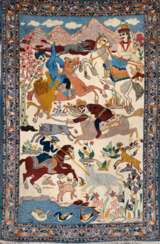 Bildteppich, Isfahan, Jagdszenen mit Reitern auf hellem Grund, blauer Rand, 97x66 cm