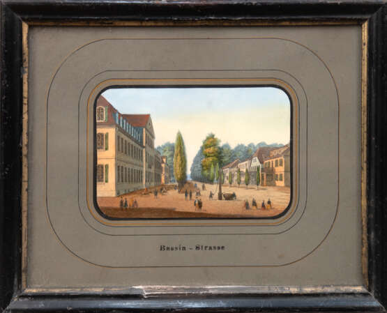 Biedermeier-Stich "Bassin-Strasse", um 1820, koloriert, 7,5x10,5 cm, hinter Glas und Rahmen - фото 1