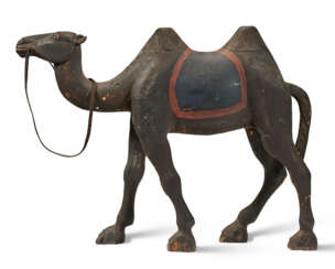A BROWN, RED AND BLUE-PAINTED CARVED CAMEL CAROUSEL FIGURE