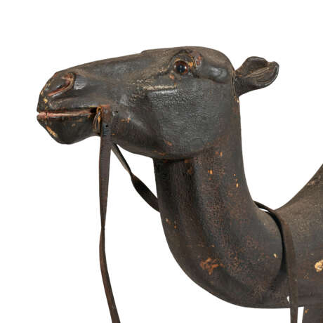 A BROWN, RED AND BLUE-PAINTED CARVED CAMEL CAROUSEL FIGURE - photo 3