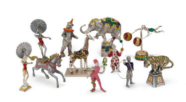 A GROUP OF AMERICAN SILVER AND ENAMEL CIRCUS FIGURES