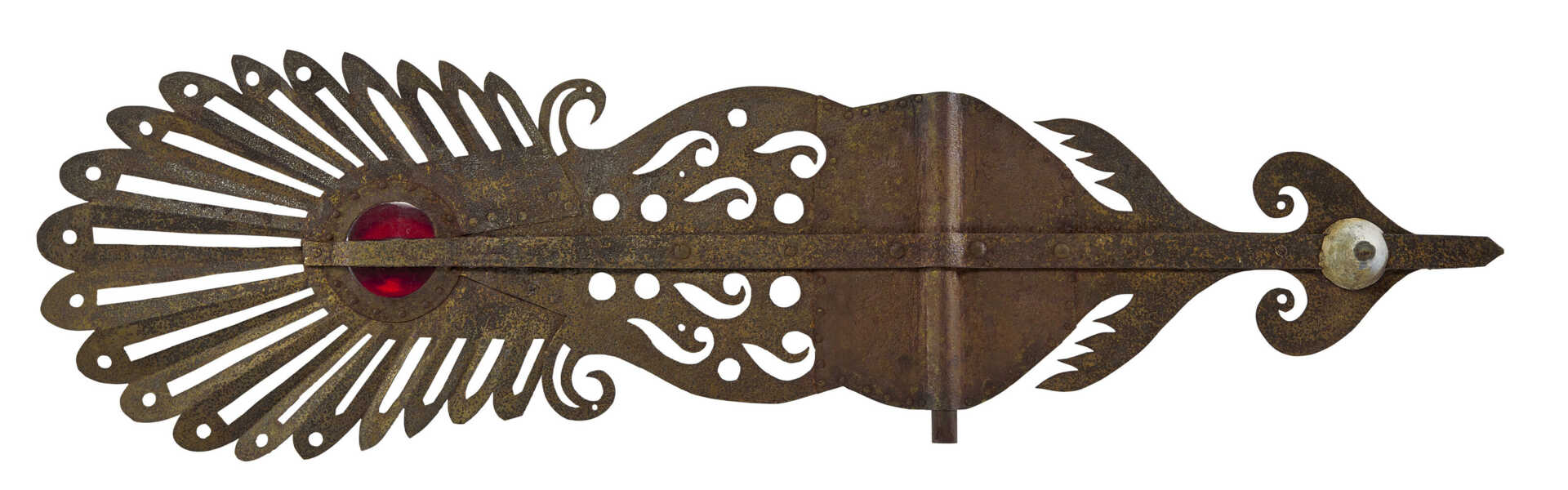 A STYLIZED PEACOCK FEATHER SHEET-IRON, ZINC AND GLASS CHURCH BANNER WEATHERVANE