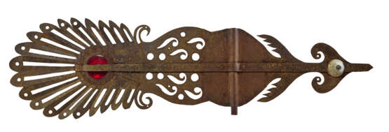 A STYLIZED PEACOCK FEATHER SHEET-IRON, ZINC AND GLASS CHURCH BANNER WEATHERVANE - фото 1