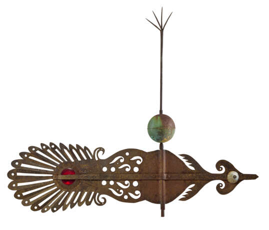A STYLIZED PEACOCK FEATHER SHEET-IRON, ZINC AND GLASS CHURCH BANNER WEATHERVANE - фото 3
