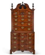 Tallboy chest of drawers. THE HALL FAMILY CHIPPENDALE CARVED MAHOGANY BONNET-TOP BLOCK-FRONT CHEST-ON-CHEST