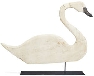 A CARVED AND PAINTED WOOD SWAN BOATHOUSE WEATHERVANE