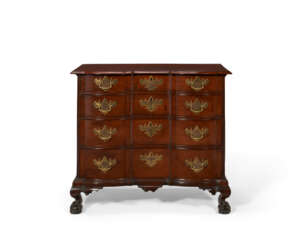 A CHIPPENDALE MAHOGANY BLOCK-FRONT CHEST-OF-DRAWERS