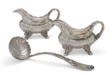 A PAIR OF AMERICAN SILVER SAUCEBOATS AND A SOUP LADLE