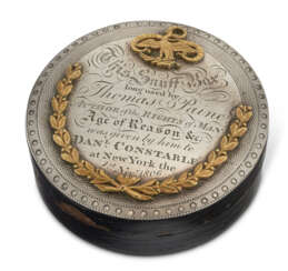 AN AMERICAN GOLD AND SILVER-MOUNTED PAPIER-MACHE SNUFF BOX