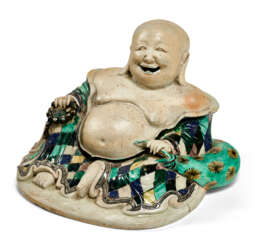 A CHINESE EXPORT PORCELAIN BISCUIT-GLAZED FIGURE OF A LAUGHING BUDDHA
