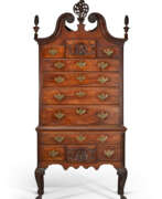 Chest-on-stand. THE SMITH-CALDWELL FAMILY CHIPPENDALE CARVED MAHOGANY BONNET-TOP HIGH CHEST-OF-DRAWERS