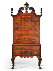 THE SMITH-CALDWELL FAMILY CHIPPENDALE CARVED MAHOGANY BONNET-TOP HIGH CHEST-OF-DRAWERS