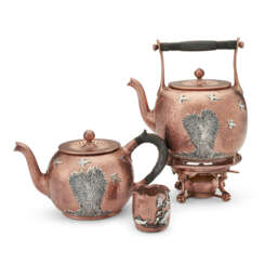 AN AMERICAN SILVER AND COPPER KETTLE ON LAMP STAND, TEAPOT, AND SMALL BEAKER