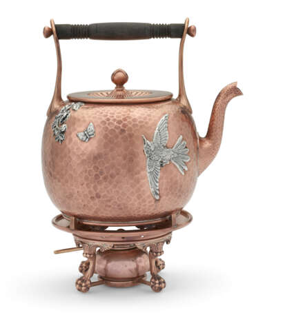 AN AMERICAN SILVER AND COPPER KETTLE ON LAMP STAND, TEAPOT, AND SMALL BEAKER - photo 3