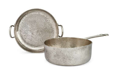 AN AMERICAN SILVER SMALL SAUCE PAN AND TWO-HANDLED DISH