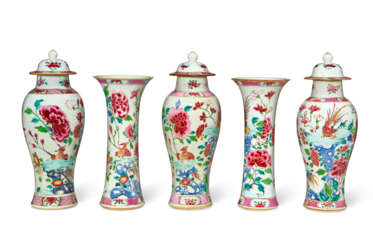 A CHINESE EXPORT PORCELAIN FAMILLE ROSE FIVE-PIECE GARNITURE