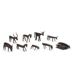 A SET OF NINE IRON FIGURES AND GROUPS OF ANIMALS