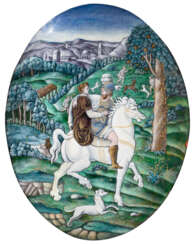 A GILT-DECORATED POLYCHROME OVAL ENAMEL ON COPPER DEPICTING HENRY II AND DIANE DE POITIERS ON HORSEBACK, REPRESENTING THE MONTH OF MAY