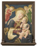 Plâtre. A POLYCHROMED STUCCO RELIEF OF THE VIRGIN AND CHILD WITH ANGELS