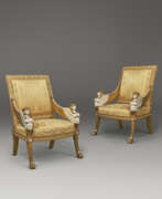 Stuhl. A PAIR OF LATE LOUIS XVI WHITE-PAINTED AND GILTWOOD FAUTEUILS