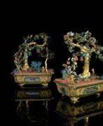 Semi-precious stones. A PAIR OF CHINESE KINGFISHER FEATHER, JADE, HARDSTONE AND CORAL GILT-BRONZE MODELS OF TREES IN JARDINI&#200;RES