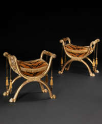 A PAIR OF CONSULAT GILTWOOD TABOURETS