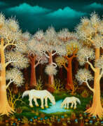 Ölfarbe. Ivan Generalic. Weiße Pferde unter weißen Bäumen