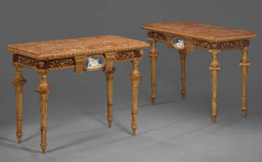A PAIR OF NORTH ITALIAN GILTWOOD, FAUX PORPHYRY, LAPIS LAZULI AND MARBLE-MOUNTED CONSOLES