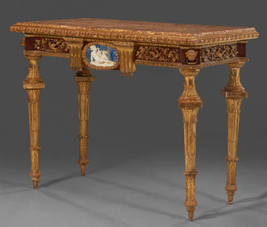 A PAIR OF NORTH ITALIAN GILTWOOD, FAUX PORPHYRY, LAPIS LAZULI AND MARBLE-MOUNTED CONSOLES - photo 3
