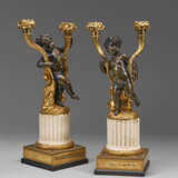 A PAIR OF LOUIS XVI ORMOLU, PATINATED-BRONZE AND WHITE MARBLE TWO-LIGHT CANDELABRA - photo 1