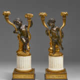 A PAIR OF LOUIS XVI ORMOLU, PATINATED-BRONZE AND WHITE MARBLE TWO-LIGHT CANDELABRA - фото 2