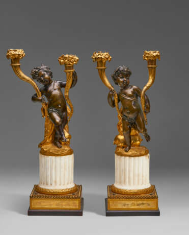 A PAIR OF LOUIS XVI ORMOLU, PATINATED-BRONZE AND WHITE MARBLE TWO-LIGHT CANDELABRA - photo 2