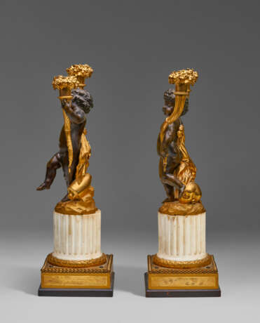 A PAIR OF LOUIS XVI ORMOLU, PATINATED-BRONZE AND WHITE MARBLE TWO-LIGHT CANDELABRA - фото 3