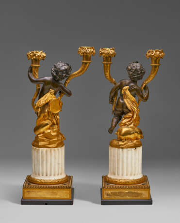 A PAIR OF LOUIS XVI ORMOLU, PATINATED-BRONZE AND WHITE MARBLE TWO-LIGHT CANDELABRA - photo 4