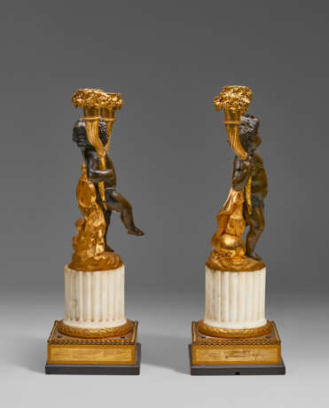 A PAIR OF LOUIS XVI ORMOLU, PATINATED-BRONZE AND WHITE MARBLE TWO-LIGHT CANDELABRA - фото 5
