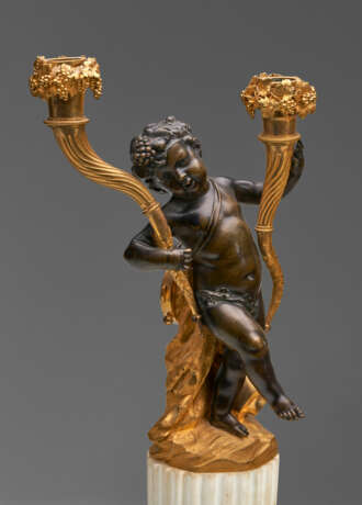 A PAIR OF LOUIS XVI ORMOLU, PATINATED-BRONZE AND WHITE MARBLE TWO-LIGHT CANDELABRA - photo 6