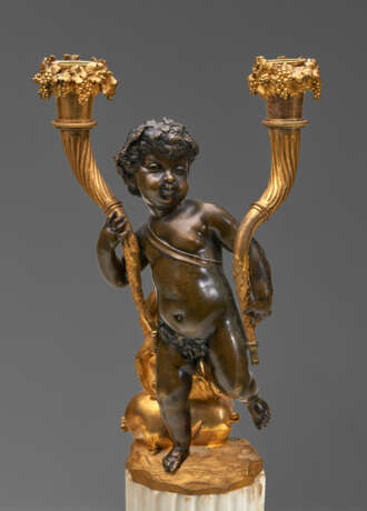 A PAIR OF LOUIS XVI ORMOLU, PATINATED-BRONZE AND WHITE MARBLE TWO-LIGHT CANDELABRA - фото 7