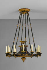 A LOUIS-PHILIPPE TWELVE-LIGHT PATINATED-BRONZE AND ORMOLU CHANDELIER