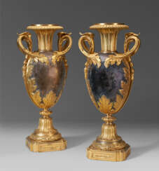 A PAIR OF FRENCH ORMOLU AND SILVERED METAL VASES