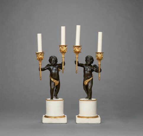 A PAIR OF DIRECTOIRE ORMOLU, PATINATED-BRONZE AND WHITE MARBLE TWO-LIGHT CANDELABRA - photo 1