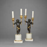A PAIR OF DIRECTOIRE ORMOLU, PATINATED-BRONZE AND WHITE MARBLE TWO-LIGHT CANDELABRA - фото 2